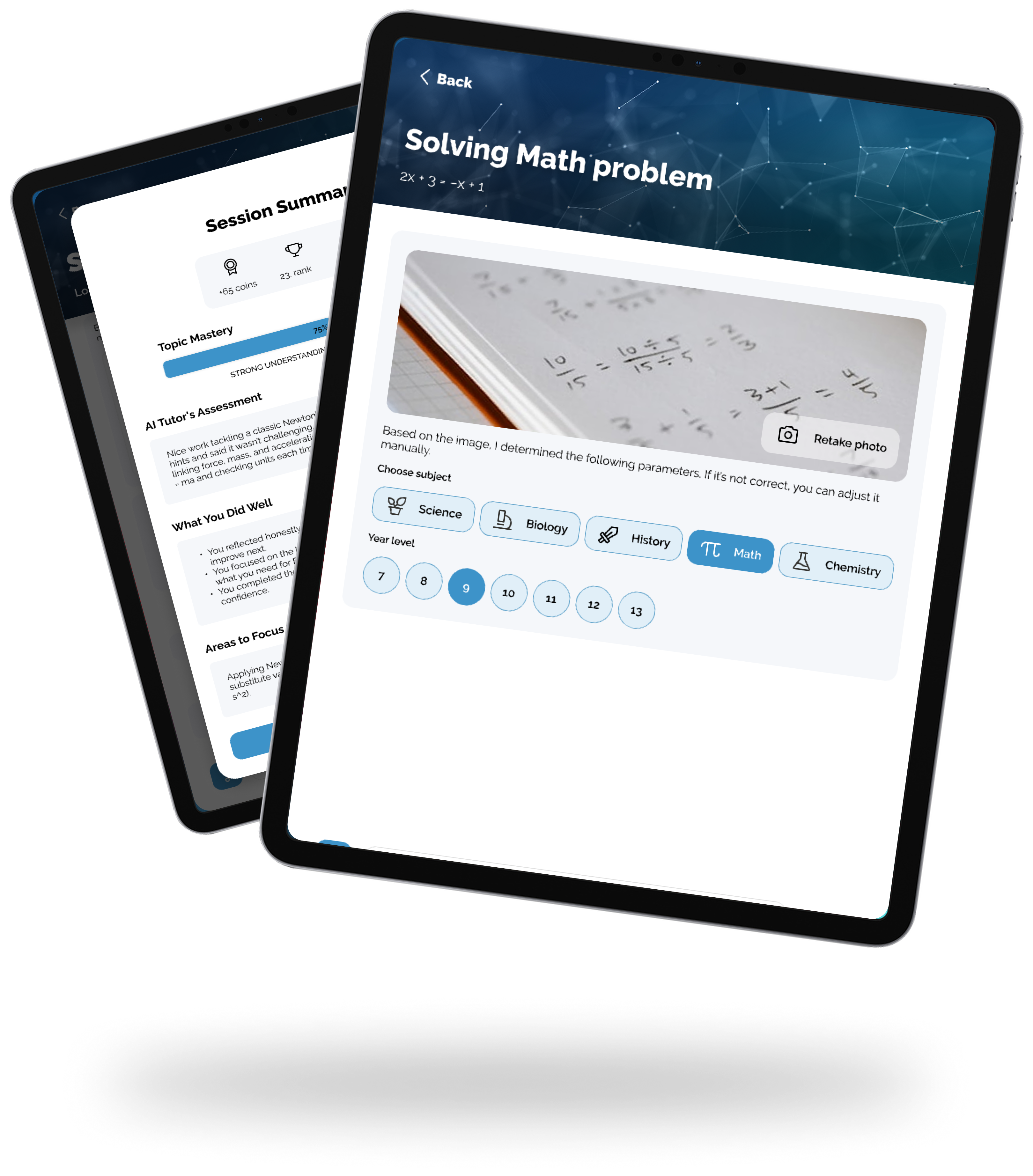 AI homework tutor interface on tablets showing math problem solving with photo upload feature. Main screen displays handwritten math equations with subject selection (Science, Biology, History, Math, Chemistry) and year level options (7-13). Side screen shows session summary with topic mastery progress, AI assessment, performance highlights, and areas to focus on.
