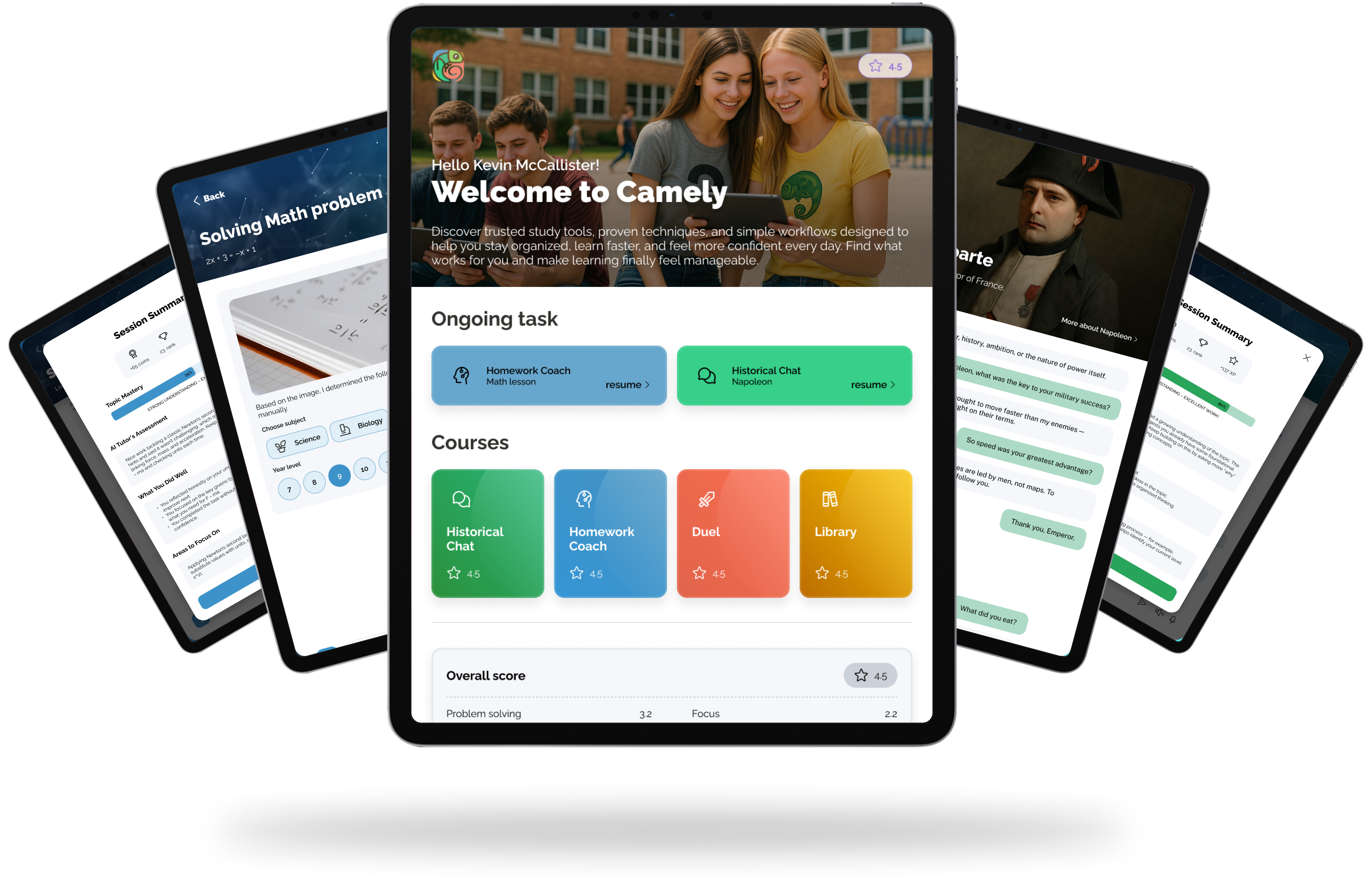 Chamely AI tutor platform displayed on multiple tablet screens showing personalized dashboard with ongoing assignments for students, modules (Historical Chat, Homework Coach, Duel, Library), chat conversations with historical figures, homework problem solving.