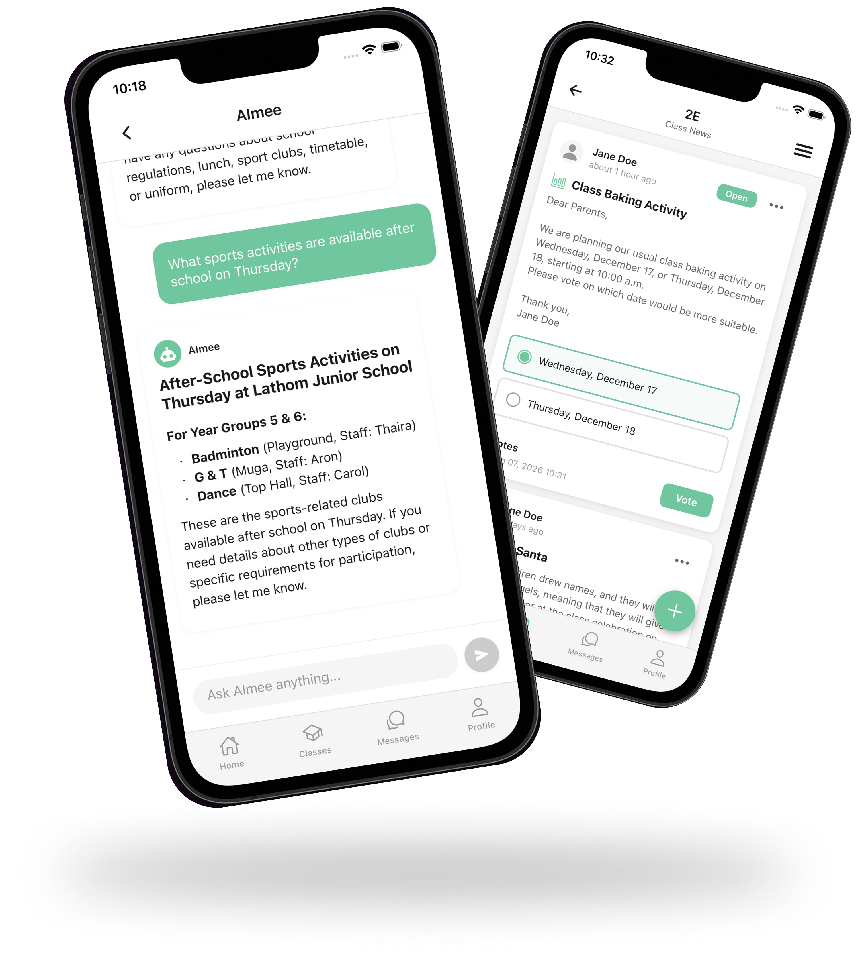 EduBridge platform interface showing unified communication dashboard with parent-teacher messaging, school announcements, LMS integration, and AIMEE AI assistant providing 24/7 automated responses to common questions from school documents.