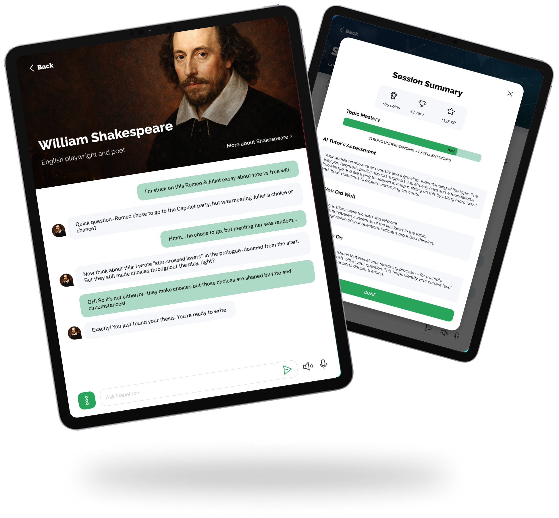 Historical Character Chat interface showing conversation with Napoleon Bonaparte. Left tablet displays chat conversation where student Mark asks Napoleon about military strategy, with Napoleon responding using Socratic questioning about speed and leadership. Right tablet shows detailed session summary with topic mastery progress bar, AI tutor assessment, student performance highlights, and areas for improvement. Suggested follow-up questions appear at bottom of chat.