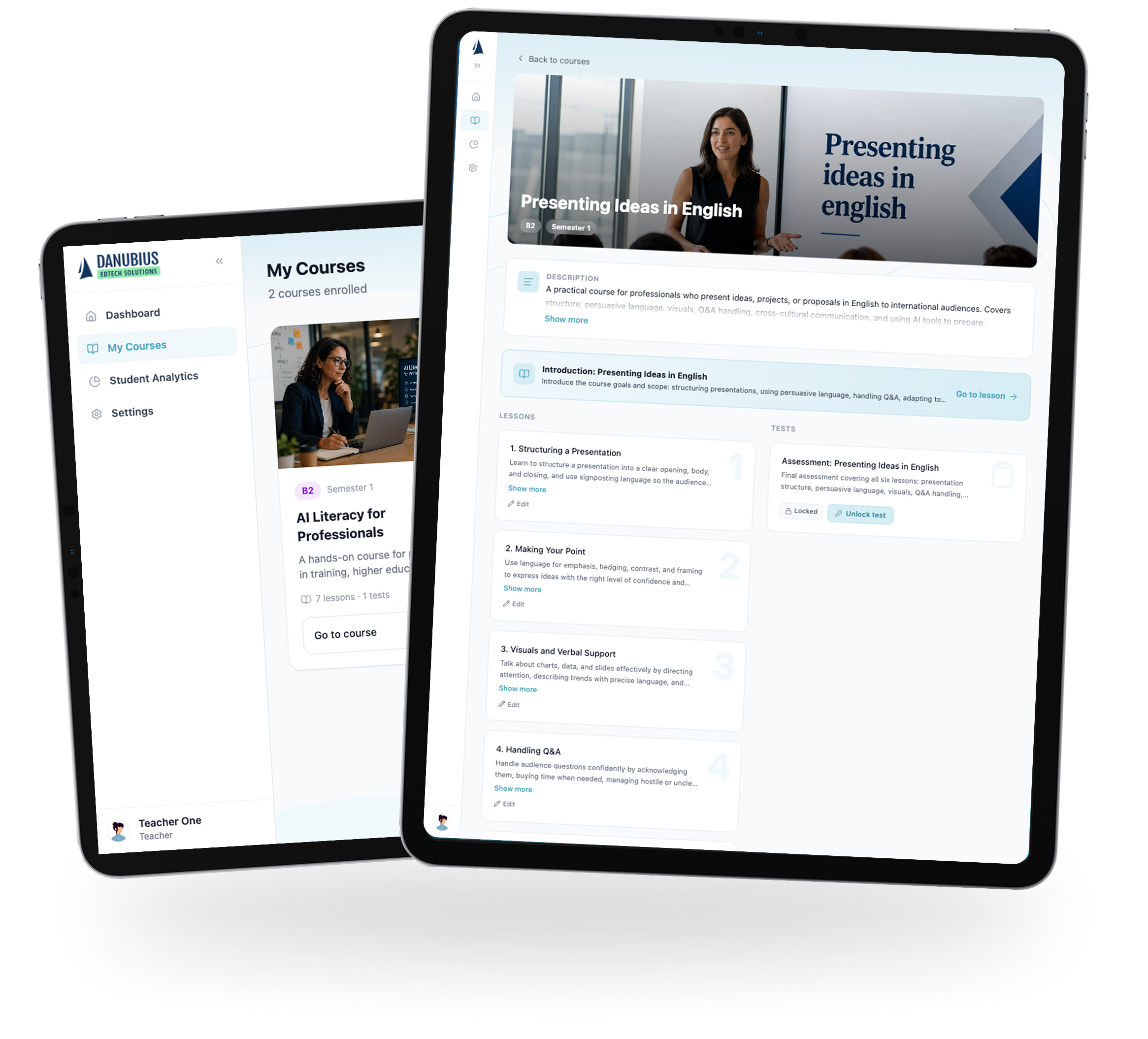 LMS Solution platform interface showing lesson preparation, in-class tools, and AI-powered content editing features for educators.