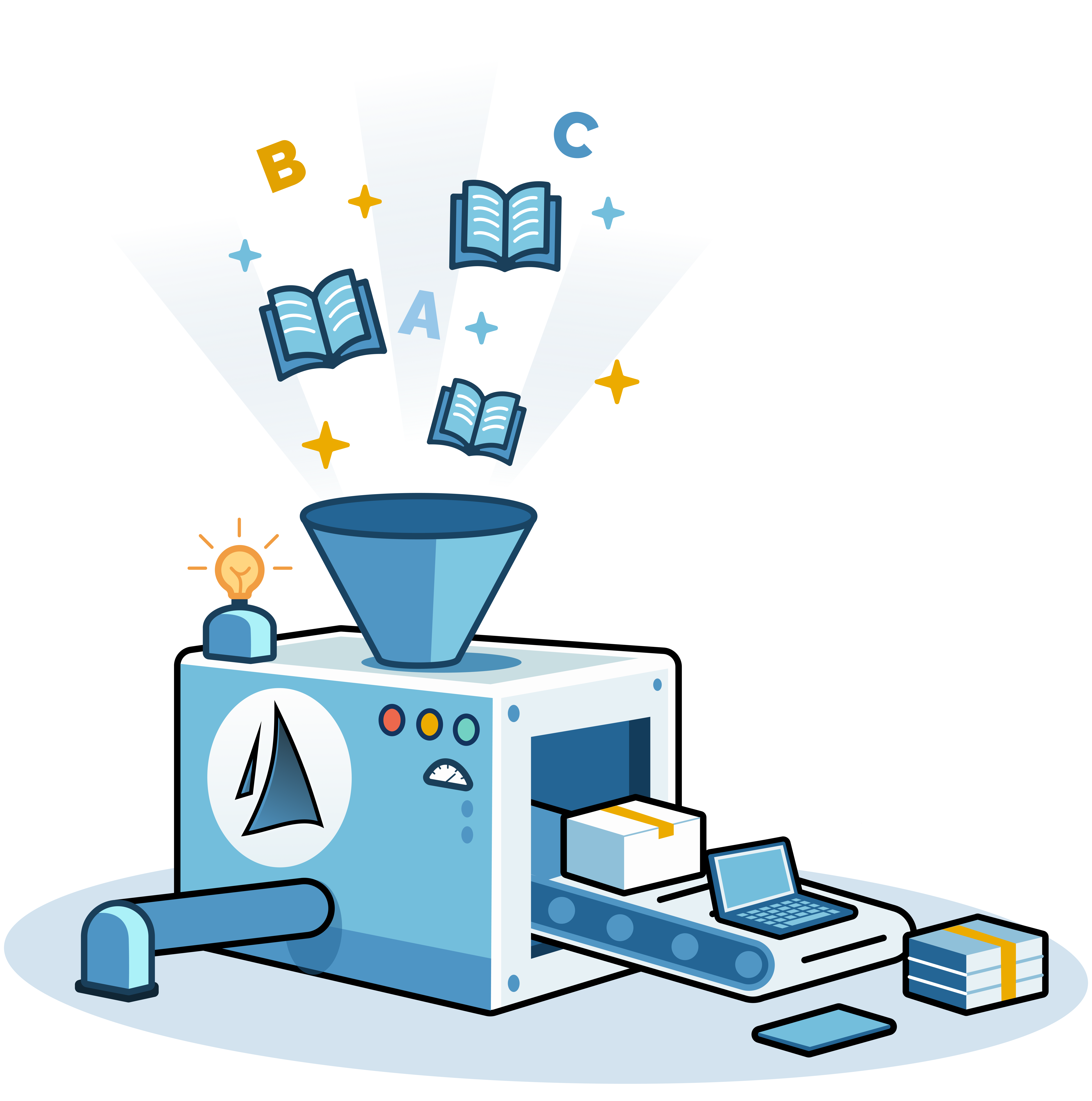 Illustration showing educational materials entering a manufacturing machine labeled with Danubius logo, producing digital learning outputs including laptops, tablets, and packages - that enable a great learning experience, visualizing 'Your content, our engineering, great learning experience'